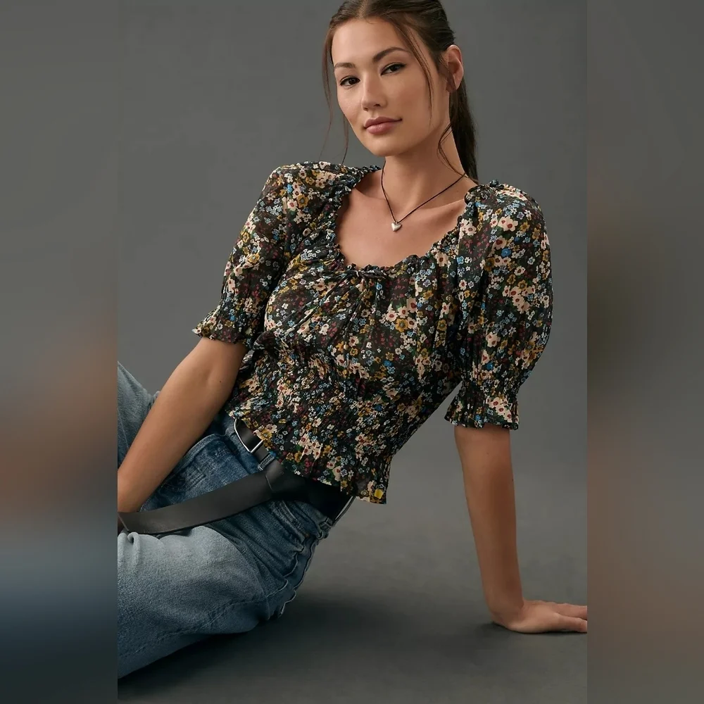 MOTHER The Dollface Cotton Floral Smocked Top